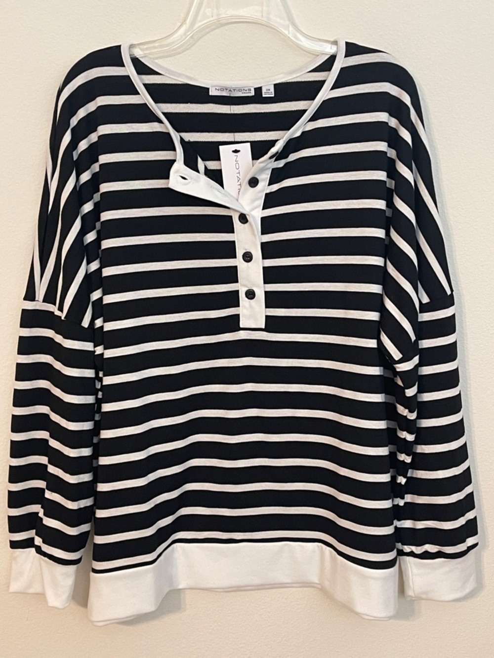 NWT Notations Black & White Striped Button Henley Long Sleeve Top